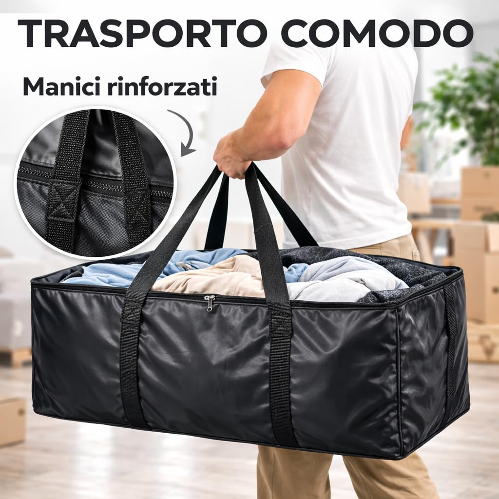 Borse per Trasloco con Manici Rinforzati, Zip e Cinghie per Zaino, Contenitori Organizer per Imballaggio, Sacchi per Stoccaggio Impermeabili, Materiale 420D Oxford, set, Nero, 80x45x25 cm (Quattro)