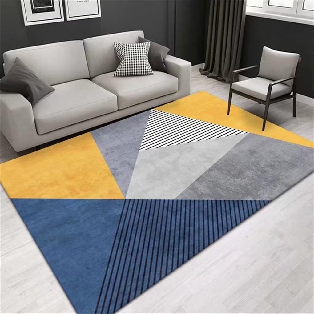 Tapis de salon bleu et jaune géométrique moderne 140x210cm antidérapant