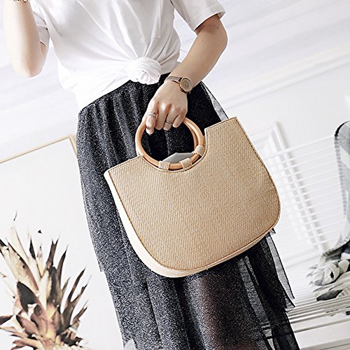 Qzunique Womens Summer Beach Straw Handbag Casual Satchel Straw Bag Top Handle Tote Shoulder Handbag #TOP1