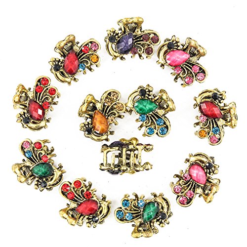 Yeshan Pack of 12pcs Vintage Peacock Alloy Mini Jaw Clip,Rhinestone and Crystal Beaded Hair Claw Clip