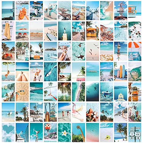 LIIGEMI 70PCS Blue Wall Collage Kit Aesthetic Pictures,Summer Beach Collage Print Kit,Bedroom Decor for Teen Girls,VSCO Girls Bedroom Decor, Room Decor Aesthetic,Double- Sided,70 Set 4x6 Inch