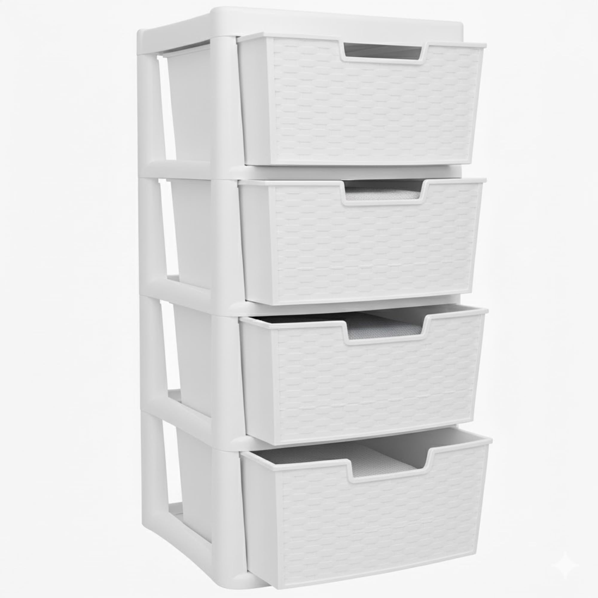 SIDSONS - Large Plastic Rattan Drawer Storage Unit for Home Bedroom Bathroom Kitchen Organiser Stackable Drawers Durable Storage Solution Space Saver and Easy Access Storage - (Rattan White, 4 Tier)