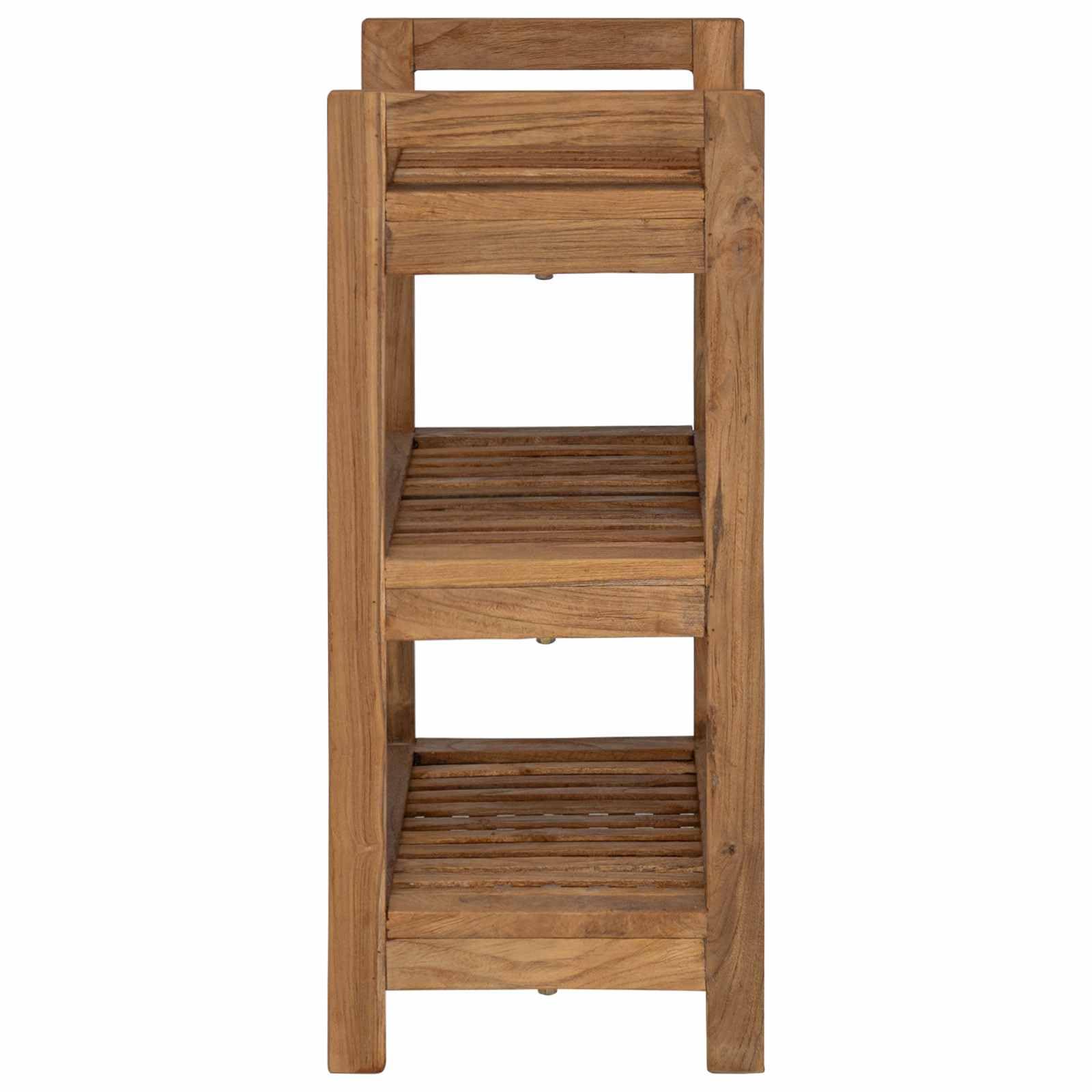 Badregal Natur aus Massivholz Teak, 45 x 30 x 71 cm, 3 Ablagen, platzsparend stehend, Stauraum für Badezimmer, Gäste WC und Waschplatz, rustikale Aufbewahrung für Innenräume