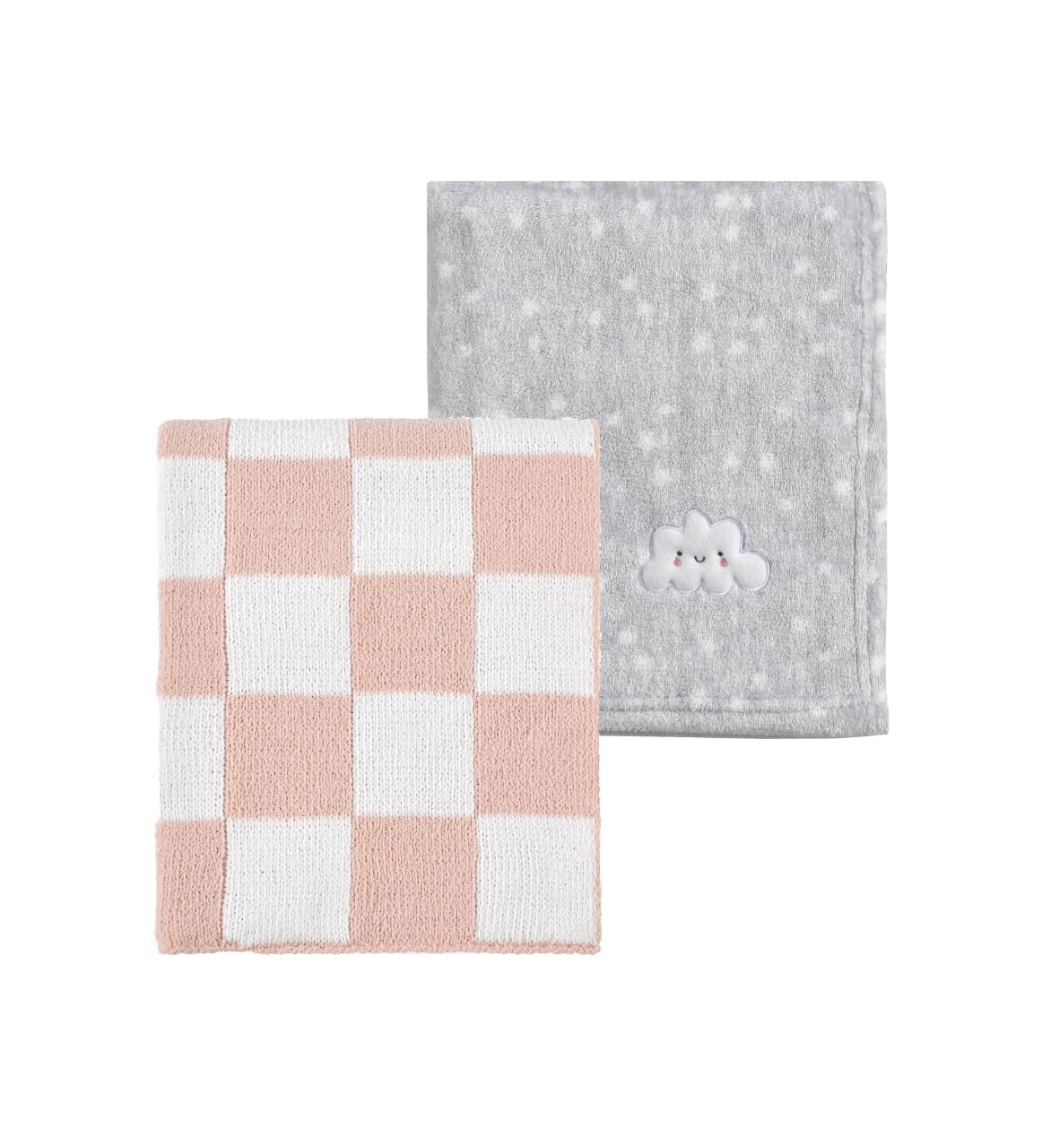 CREVENT 2Pcs 75cmX100cm Cute Cozy Fluffy Warm Baby Blankets for Infants Toddlers' Bedding Crib Cot Stroller - Grey Cloud + Knit Checked Pink