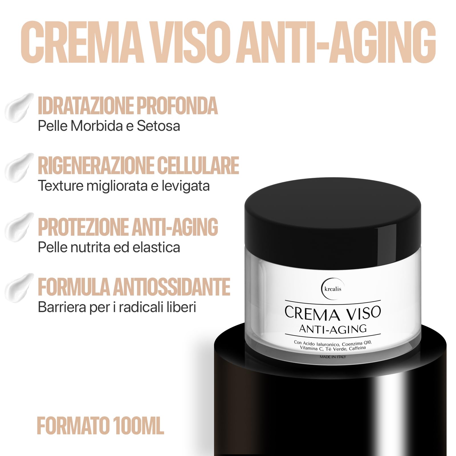 100ml - Crema Viso Antirughe, Crema Idratante Viso con Acido Ialuronico, Coenzima Q10, Vitamina C Giorno e Notte, Crema Antirughe Donna e Uomo, anche per Contorno Occhi.
