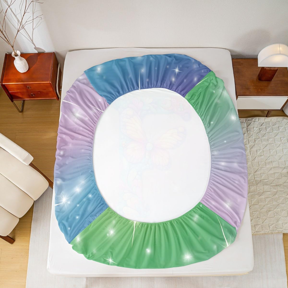 Personalized Letter F Fitted Sheet Full for Boys Kids Teens,Girly Butterfly Princess Style Bedding Set(No Top Sheet),Glitter Galaxy Sky Bed Sheet,Green Purple Gradient Bed Cover,2 Pillowcases