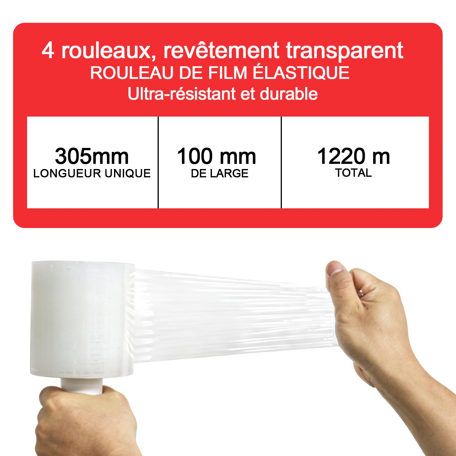 BOMEI PACK Pellicola estensibile in miniatura con maniglia, confezione da 4,10 x 305 m, pallet wrap trasparente autoadesivo, pellicola in plastica, retrattile per stoccaggio, imballaggio in movimento