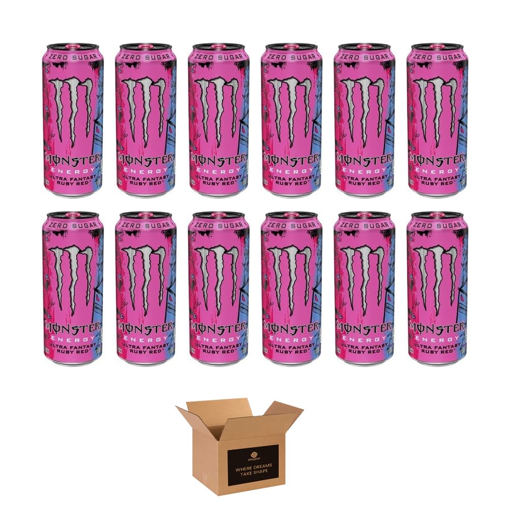 Monster Energy Drink Flavours | Juiced, Zero Sugar, Ultra, Monarch, Fiesta Mango, Strawberry Dreams, VR46, Punch | High Caffeine Sports Energy Drink | 500ml (Pack 12, Ultra FantaBy Ruby Red)