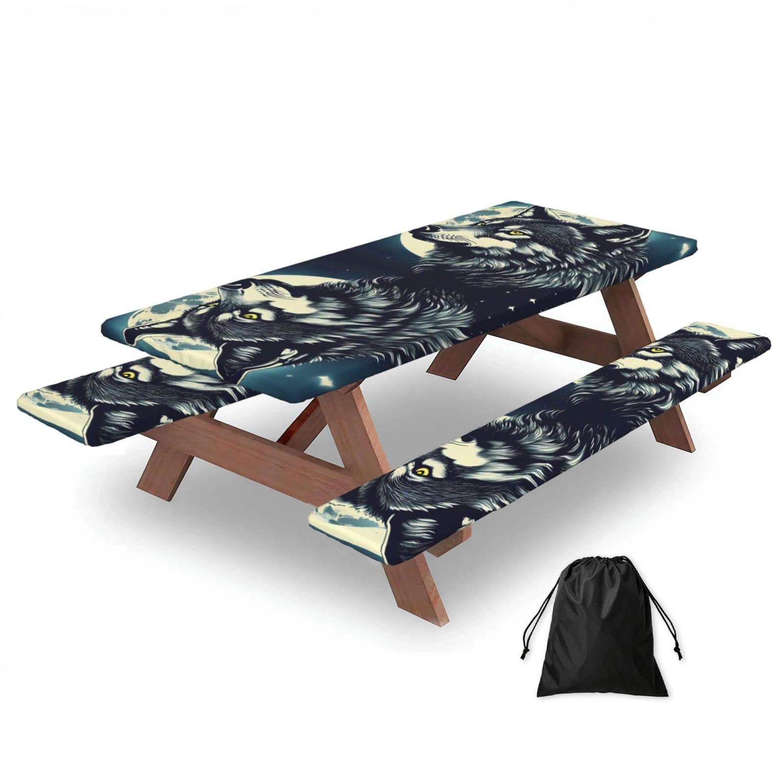 Zyjhyy Black Wolf Night Moon Print Party Table Covers With Bench Covers Set Of 3 Picnic Table Cloth Wipe Clean For Garden Camping