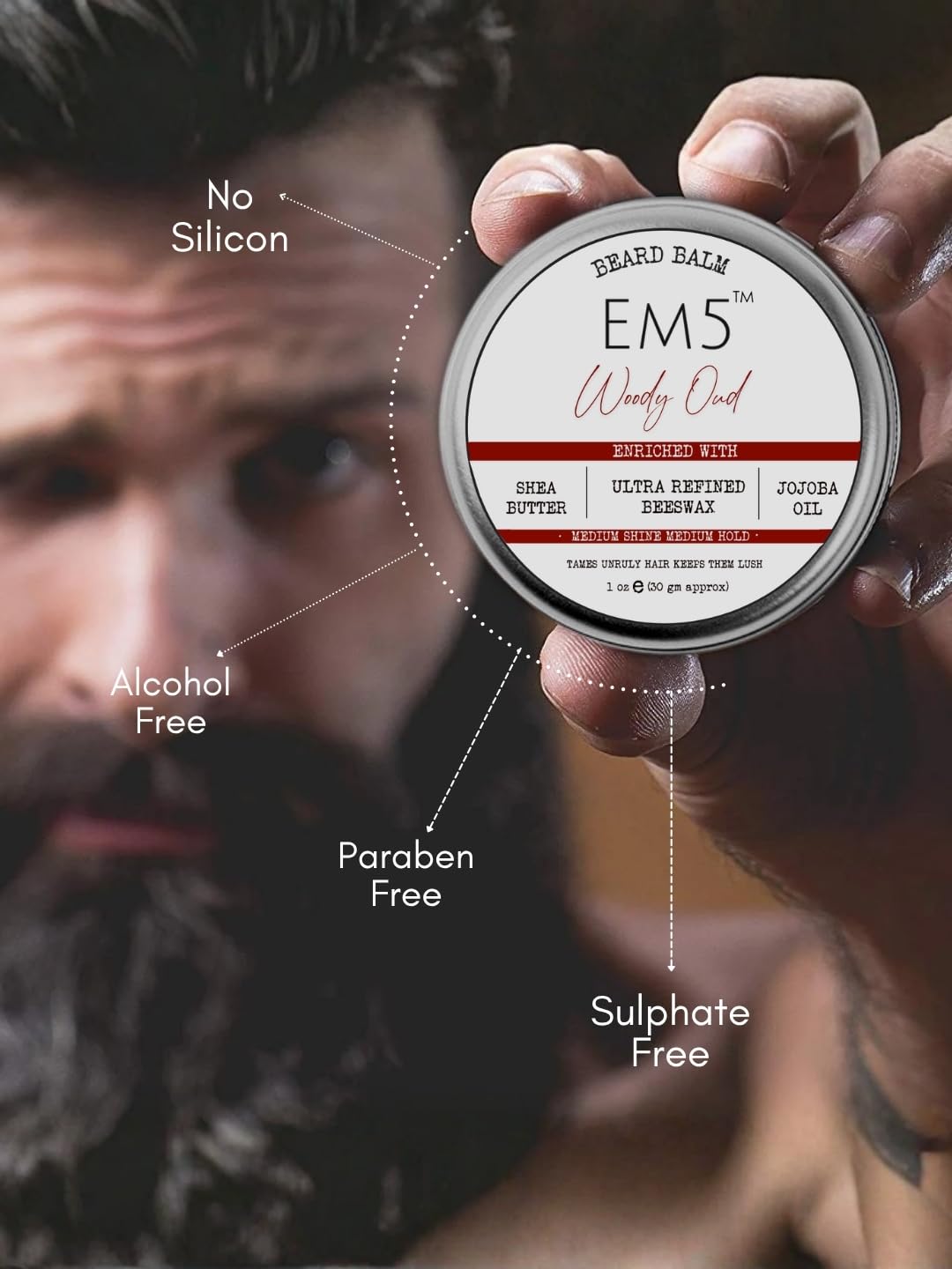 Em5 's Woody Oud Organic Beard Balm Shape Style And Tame Medium Hold And Shine Long Lasting Fragrance For All Hair| Mustache And Beards Wax Gift For Him/Men,1 Count 2
