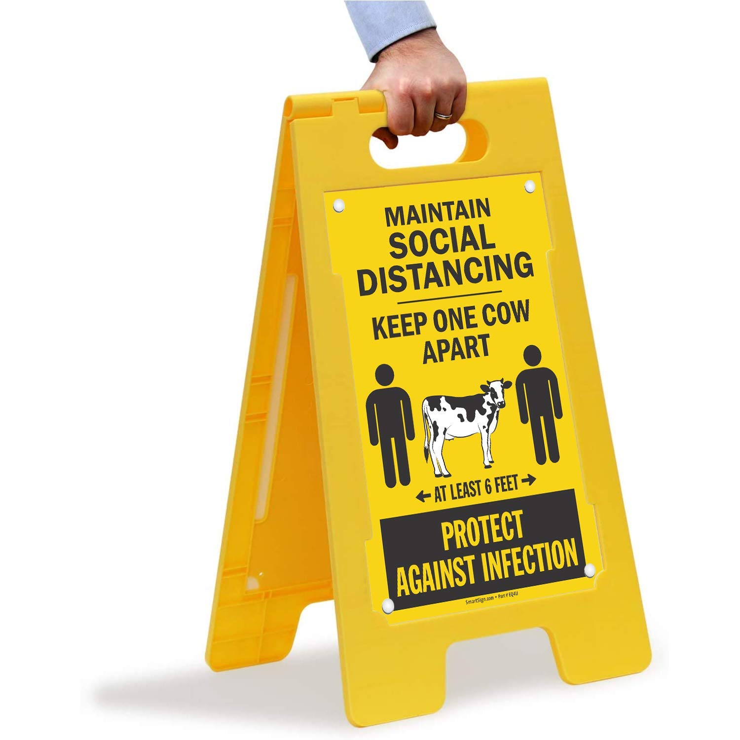 SmartSign 25 x 12 inch “Maintain Social Distancing - Keep One Cow Apart, At Least 6 Feet” Two-Sided Folding Floor Sign, Digitally Printed Polypropylene Plastic, Black, White and Yellow, USA-Made