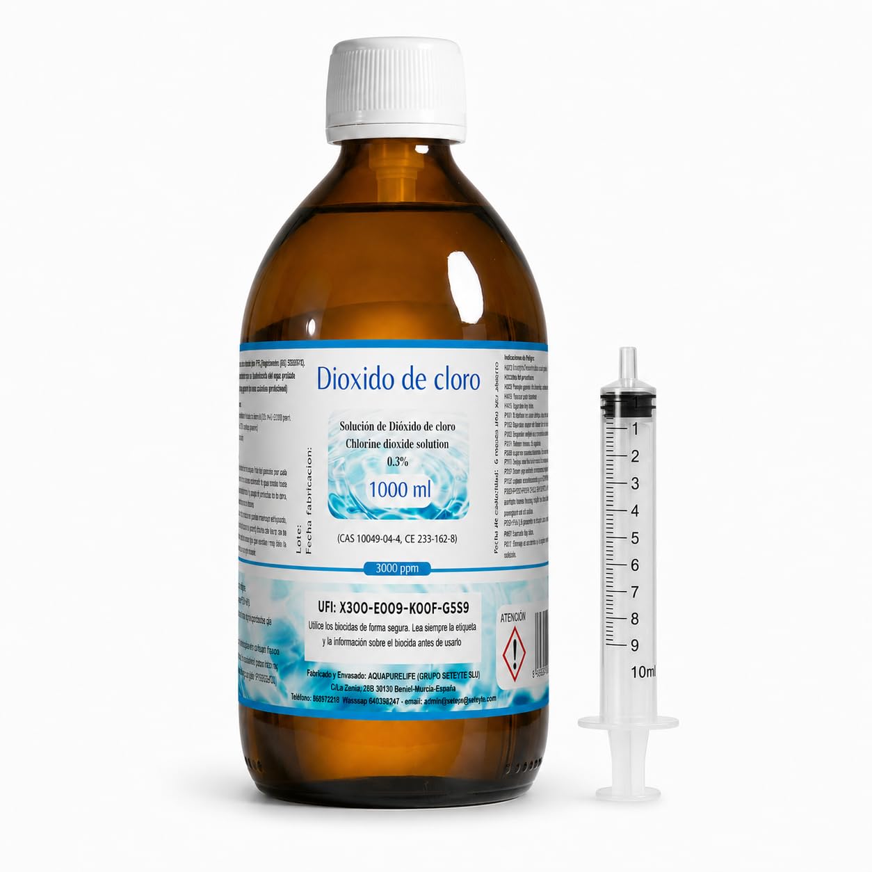Dioxido de Cloro 3000ppm - CDS 0,3% - Envasado en Botella Cristal Ambar - Fabricado en España (1000ml)