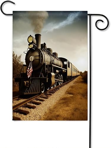 Moslion Bandera de tren para jardín, vintage, motor de vapor, locomotora, tren, vía de ferrocarril, bandera, bandera, bandera de doble cara, bandera