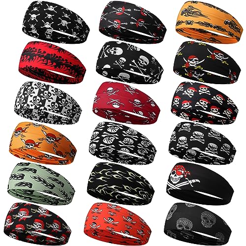 Image of 18 Pcs Sports Sweatbands for Men Women Camo Headbands Workout Non Slip Headbands Breathable Head Band Fitness Stretchy Unisex Hairband for Yoga Running Cycling Ball