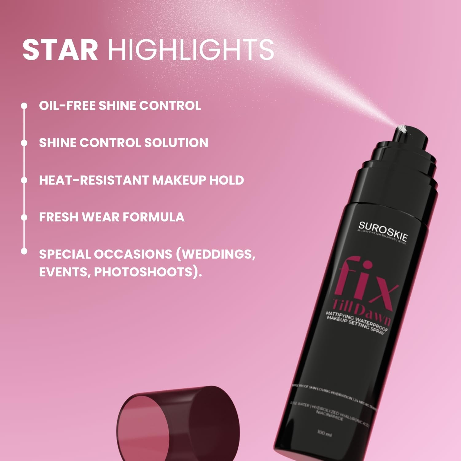 Suroskis Fix Till Dawn Makeup Fixer 100ml | Long Lasting Makeup Setting Spray with Matte Finish | Niacinamide & Hyaluronic | Lasts Up to 15hrs | Non Sticky, Quick Drying & Waterproof | All Skin Types - Image 5 thumbnail