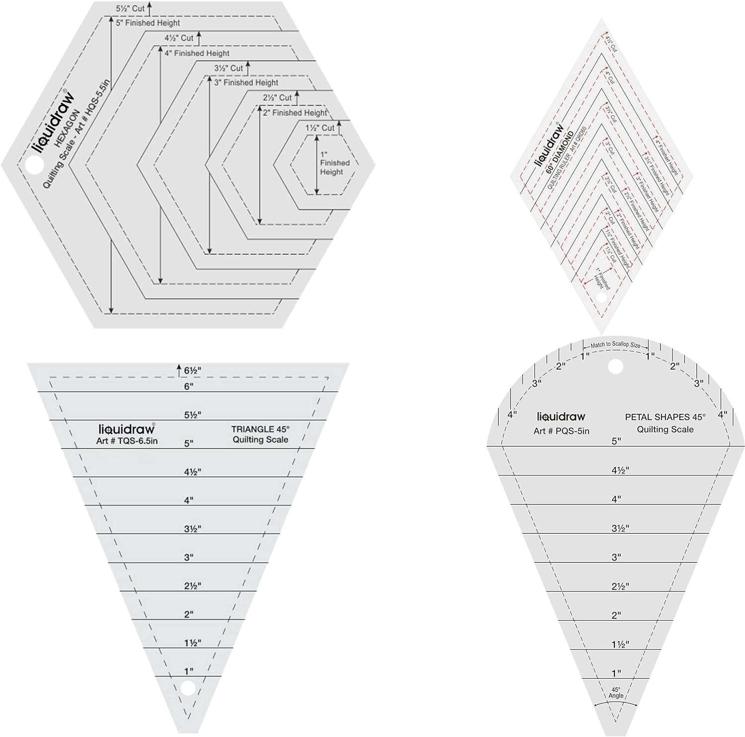 Liquidraw Clear Quilting Templates & Rulers - Set Of 4 | From 4.5" To 6.5" Sizes | Acrylic Stencils & Sewing Ruler Set For Patchwork & Quilting | Includes Hexagon, Triangle, Petal & Diamond Shapes