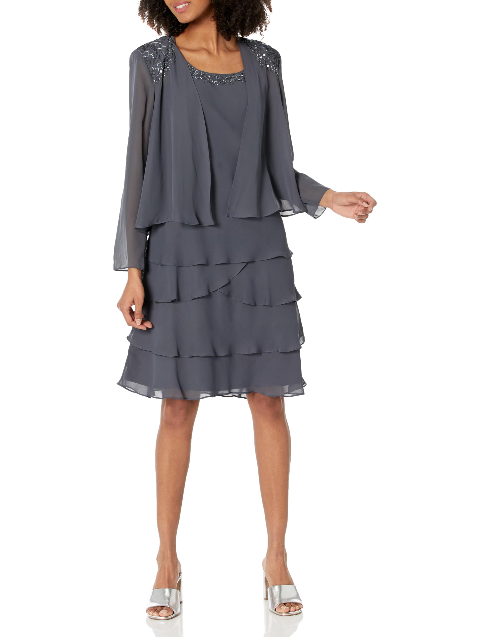 womens Mother of the Bride Tiered Jacket Dress With Shoulder Embellishment (Petite and Regular Sizes) Special Occasion Dress