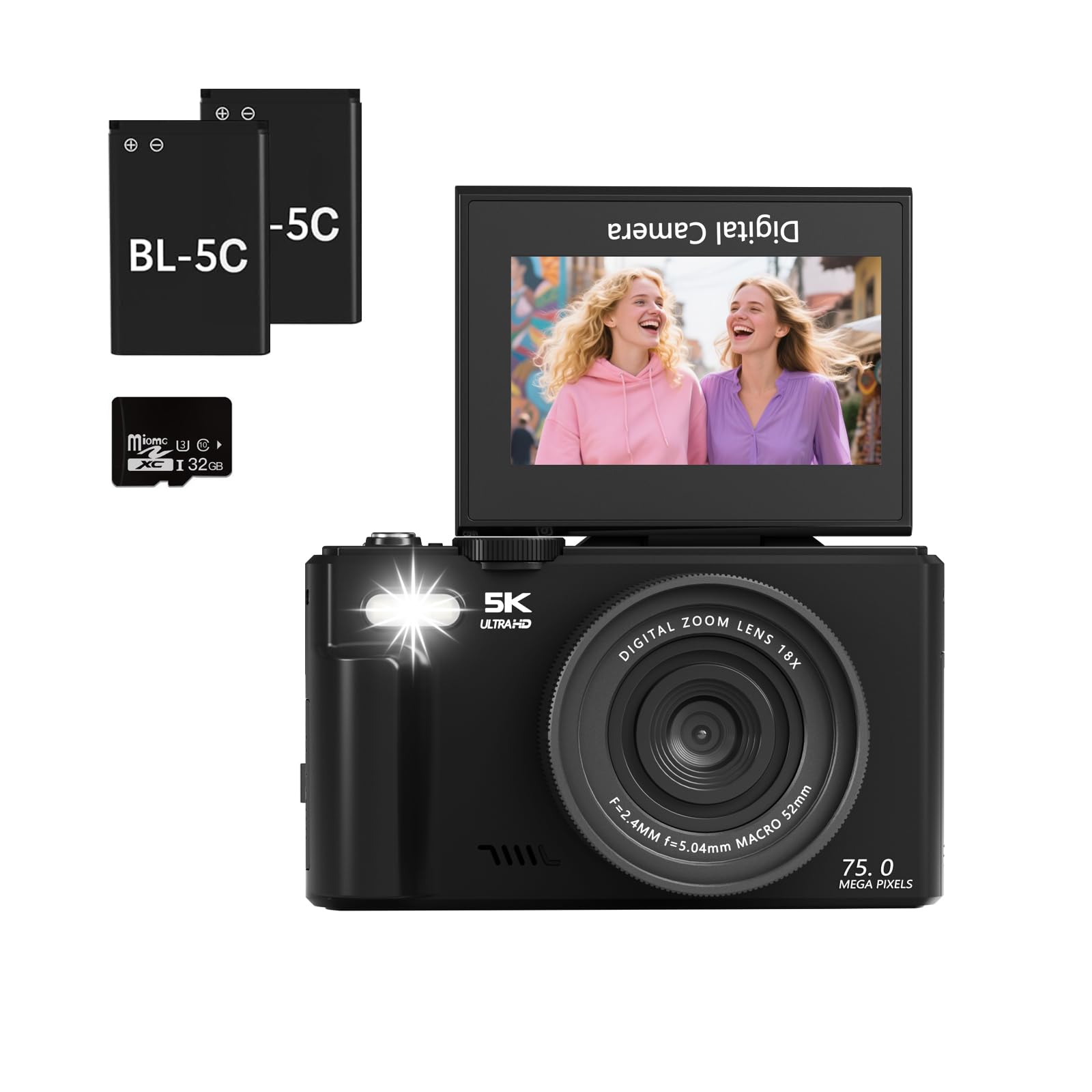 Lenofocus 5K Digital Camera for Photography, WiFi 4K 75MP Vlogging Camera with 180° Flip Screen, 18X Zoom Autofocus Compact Travel Point and Shoot