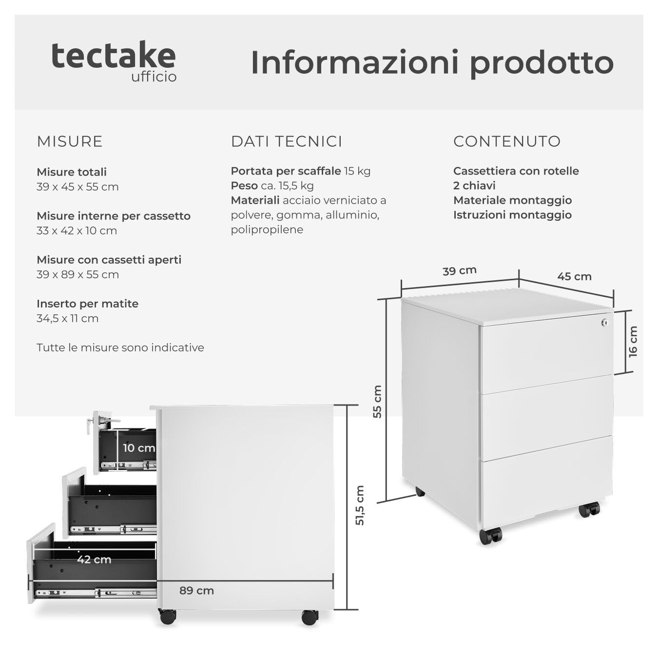 tectake® Armadietto Per Archivio Pratiche con Rotelle, Mobile Porta Documenti 3 Cassetti, 1 Porta Fascicoli, Mobile Salvaspazio, Armadio con Serratura Chiave, Armadio Ufficio Multiuso - Bianco