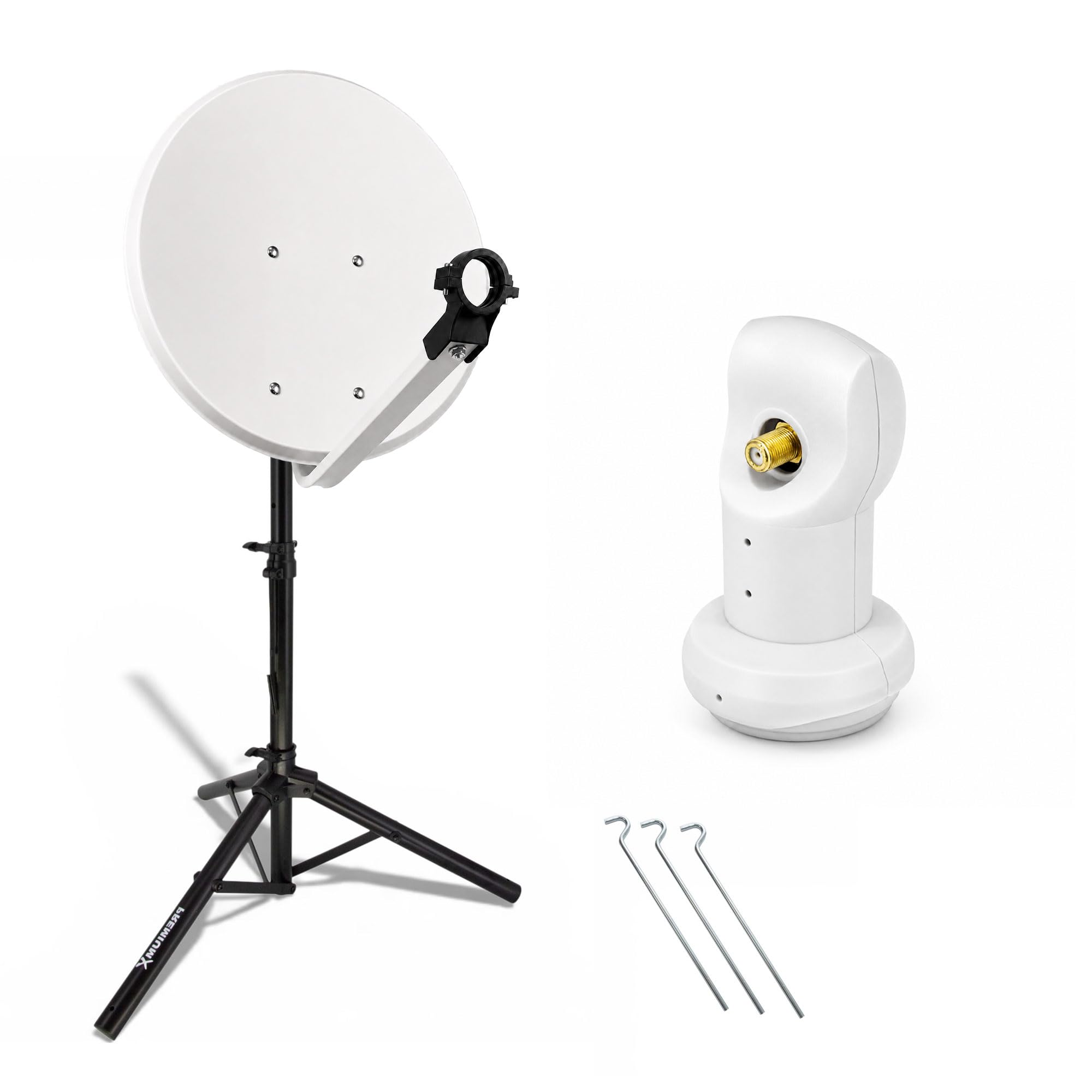 PremiumX Mobile Camping SAT Anlage 45cm Hellgrau Satelliten-Schüssel Antenne Single LNB 4K Dreibein-Stativ