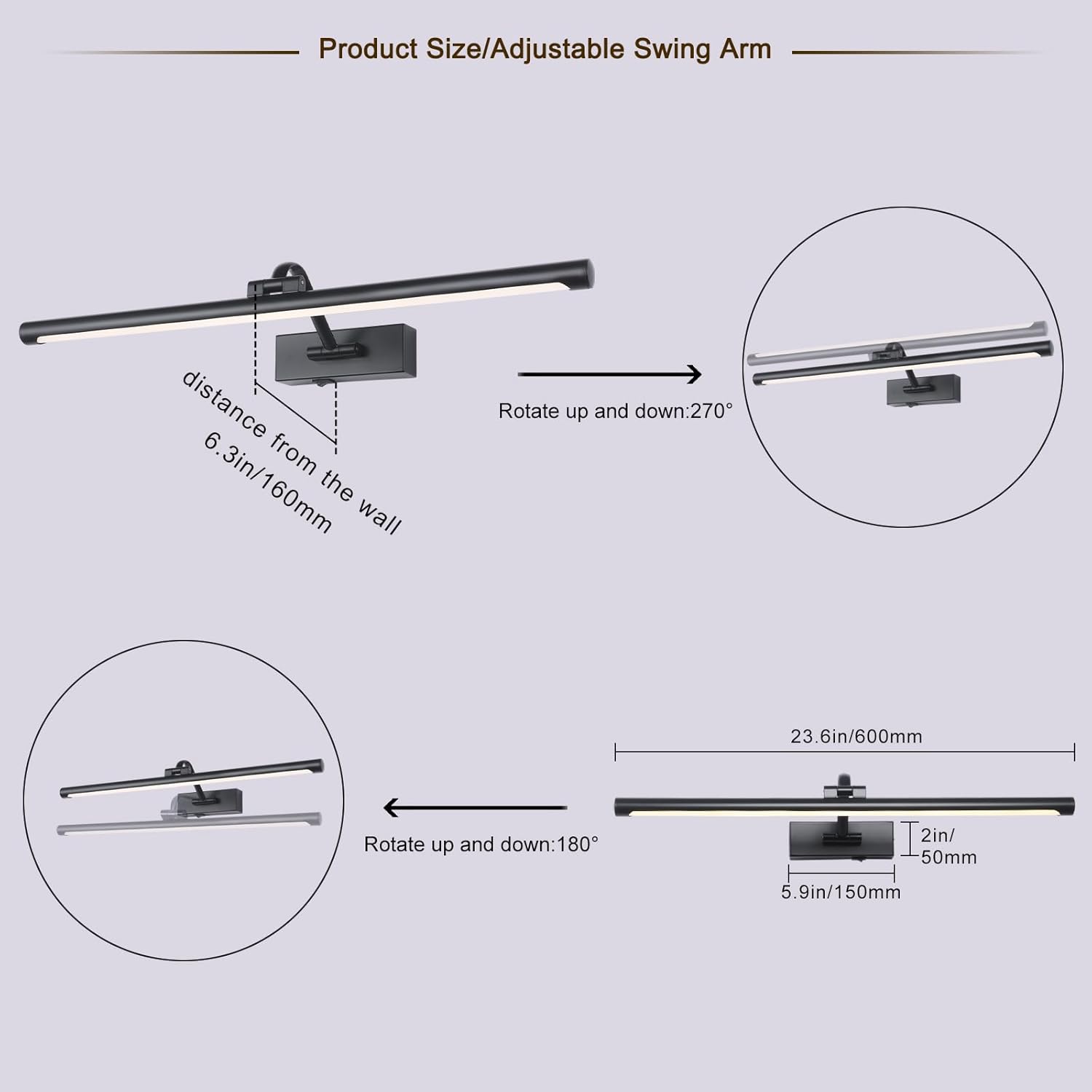 23.6 Inch Battery Operated Picture Lights for Wall Rechargeable Art Lighting for Paintings Wireless Gallery Lights with Remote Control and Dimmable Timed Off Black Wall Lights