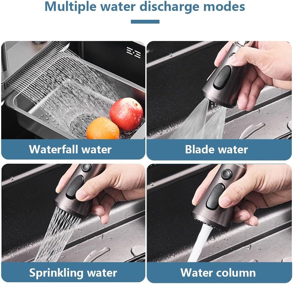 Black Waterfall Kitchen Sink, Drop in Single Bowl Stainless Steel Bar Sink with Cup Washer Sinks, Topmount Workstation Kitchen Sink with Accessories (Size : 29.5 x 17.7in)
