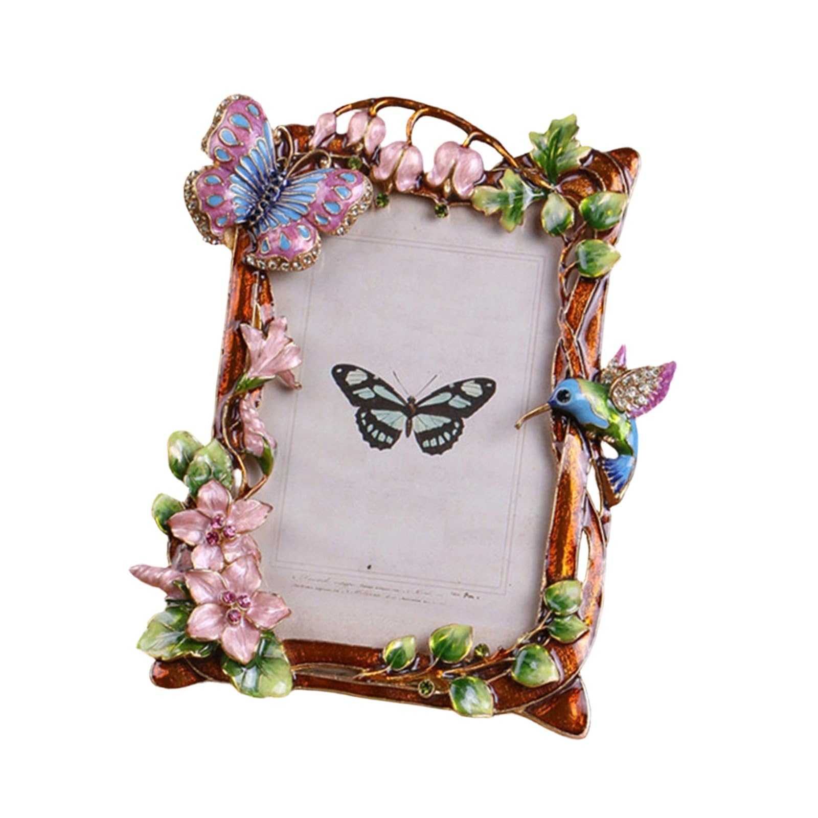 Kaeltsyn Antique Metal Picture Frame with Rhinestones Accent and Floral Bird Enameled Design Decorative Gallery Art Photo Display Romantics Photo Frame