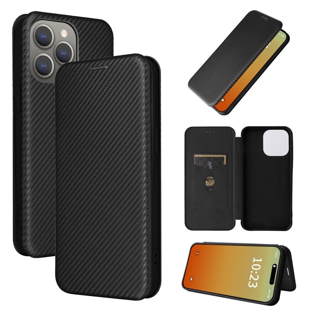 Étui iPhone 17 noir à rabat magnétique en cuir fibre de carbone