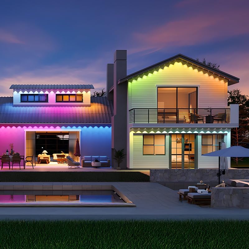 Image of Permanent Outdoor Lights, 200FT RGB LED Smart Eaves Lights with 120 LEDs, IP67 Waterproof, Remote /APP Control, DIY Scene Modes, Music Sync Lighting for Party, House, All Holiday Decorations
