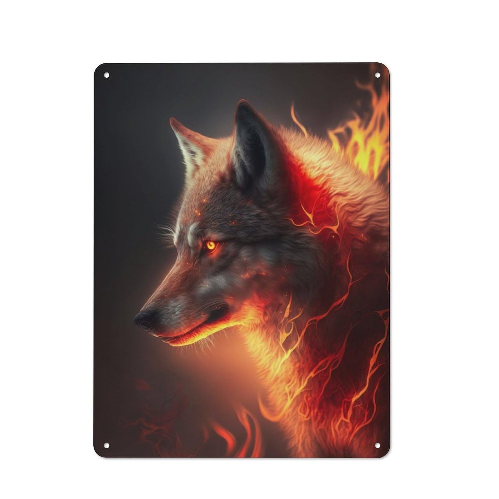 Junmoney Fiery Wolf Rustic Tin Wall Plaque 40X30cm For Studio Or Craft Room, For Garage, Workshop And Man Cave Decoration