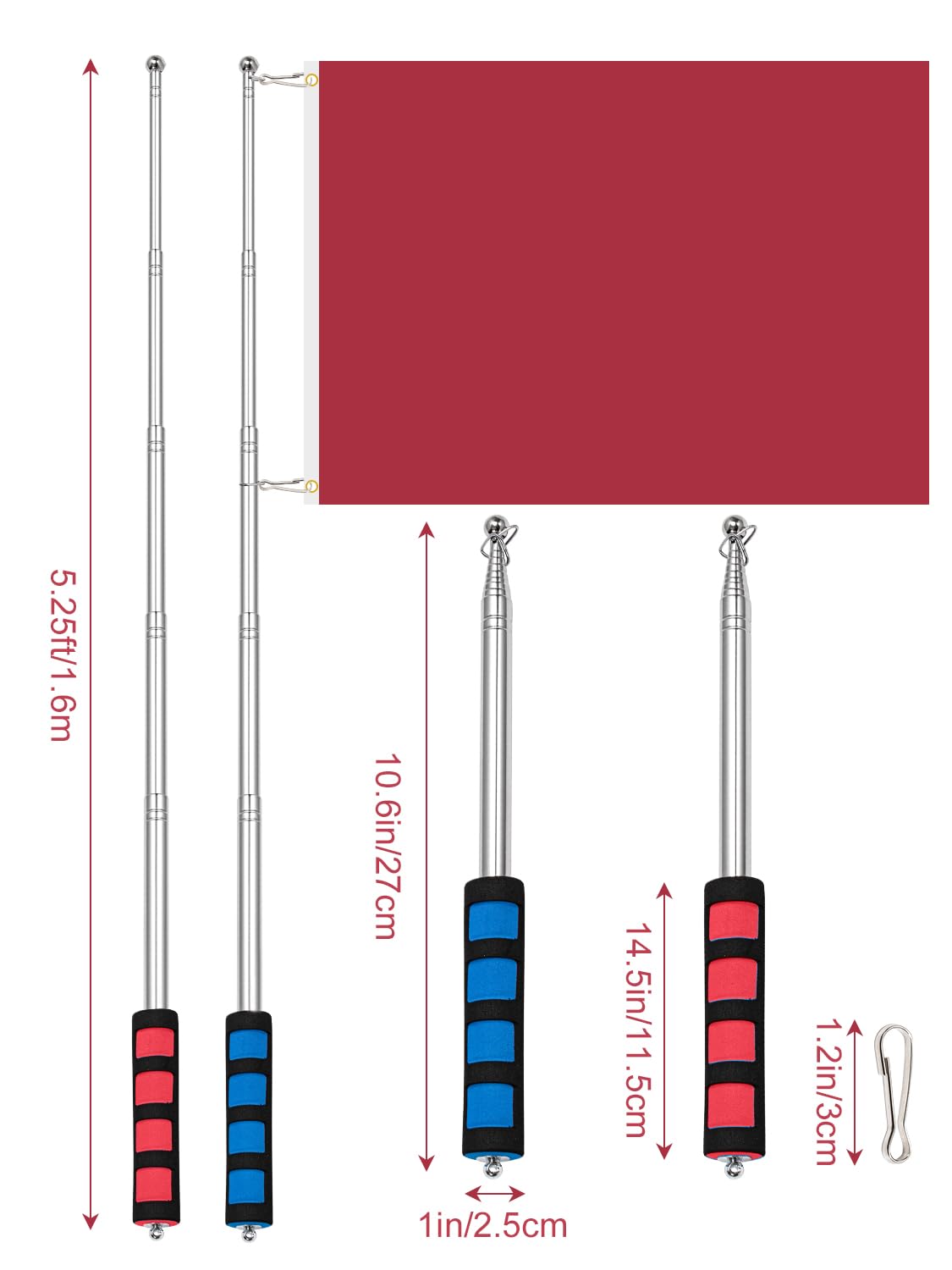 2Pcs 6.5FT Flag Pole, Anti-Slip Handheld Telescopic Pole with Clips, Portable Stainless Steel Baton for Our Guide Horse Training Festival - 3