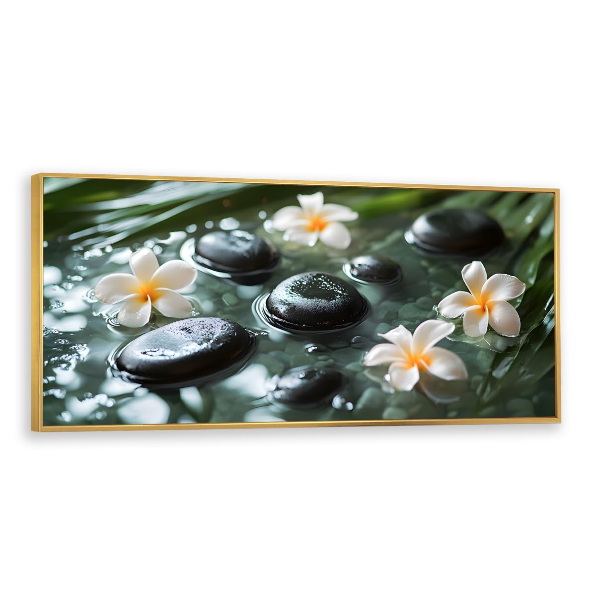 Via Vela Zen kamienie i kwiaty płótno sztuka ścienna nowoczesny styl spa grafika wydruki relaks natura mural do salonu sypialnia wystrój biura 40x101cm ze złotą ramką