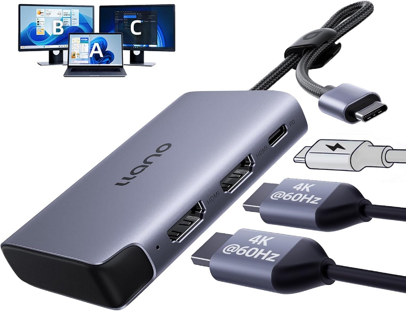 llano USB-C auf Dual HDMI Splitter 4K@60Hz for Dual Monitors MST PD 100W