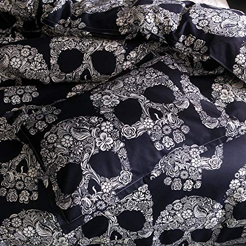 Zhh Skull Duvet Cover Set Black And White Floral Skull Skeleton Bedding Set Microfiber Queen Size Quilt Cover 3 Piece #TOP2