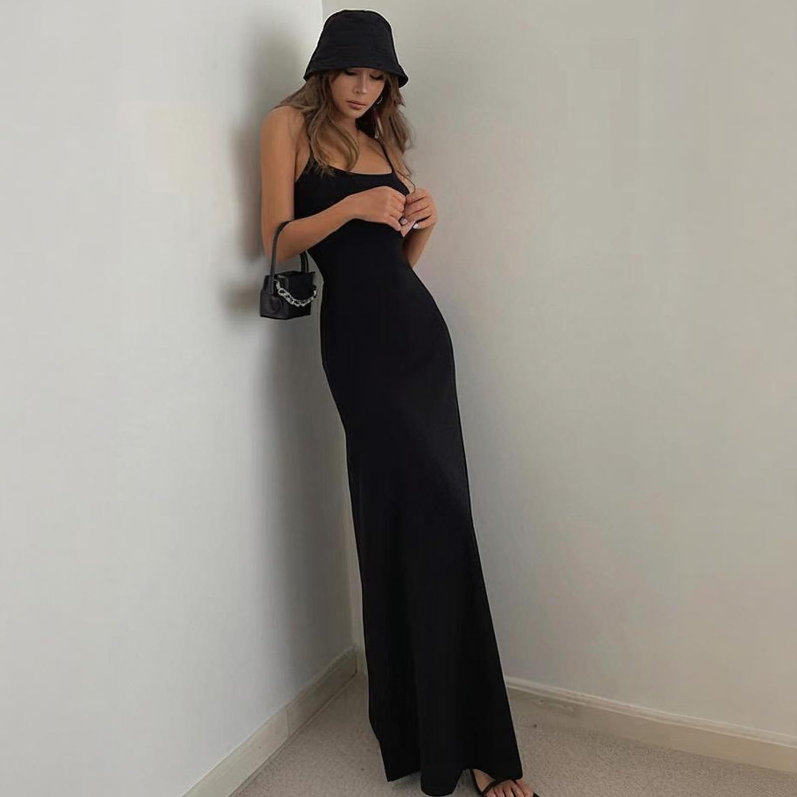 Vestito Lungo Donna Spaghetti Strap Senza Maniche Aderente Casual Abito Lunghi Sexy Senza Schienale Bodycon Maxi Abiti Estivo Elasticizzato Vestiti da Festa per Cocktail Cerimonia Discoteca