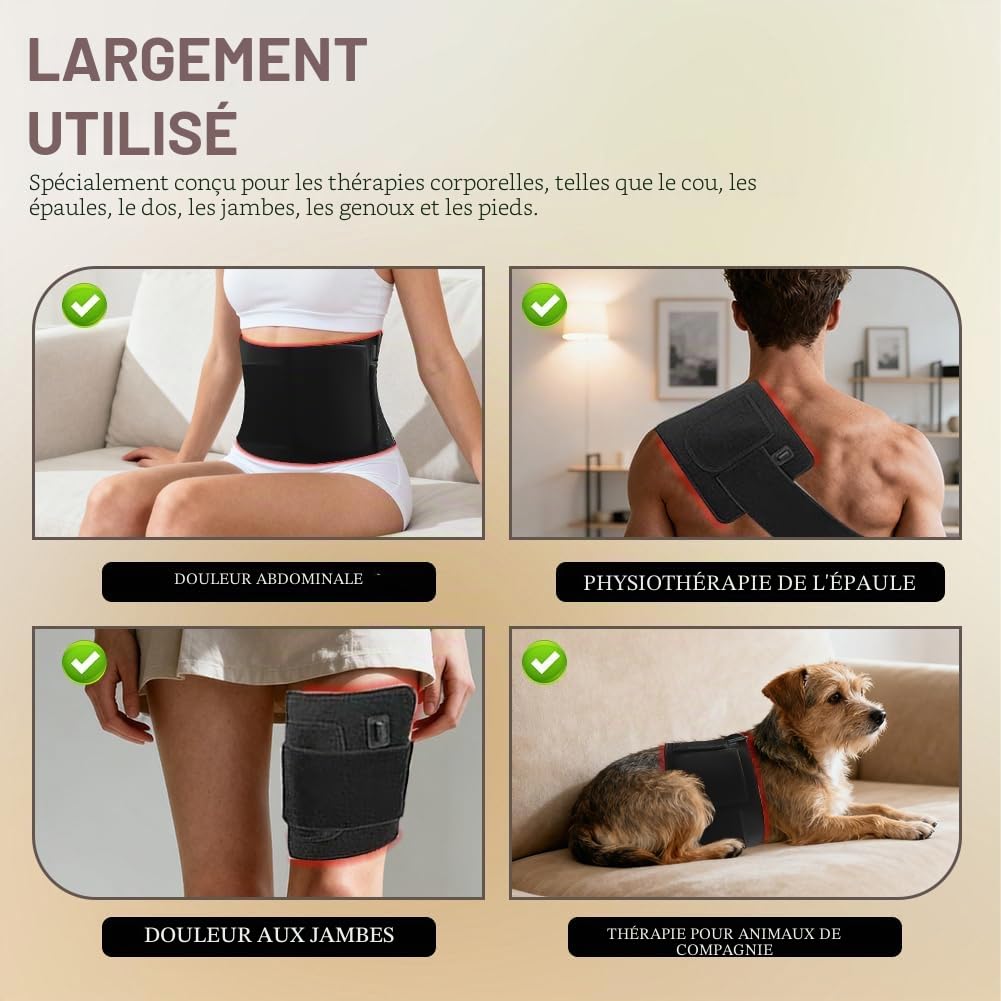 Ceinture thérapeutique à 120 LED à lumière rouge - 5 niveaux de vibrations - Massage avec mode pulsé 10 Hz - Thérapie par lumière infrarouge pour les douleurs du dos, des épaules et de la taille