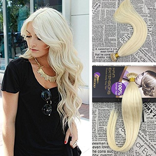 Moresoo 16 inch 1g/s 50strands/pack Pre Bonded I Tip Human Hair Extensions Blonde Color 60 Keratin Tipped Human Hair Extensions Fusion Tip Hair Extensions