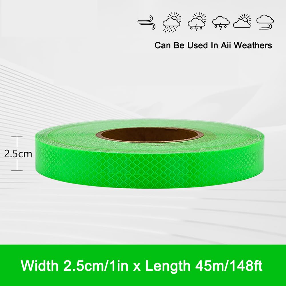 Bande Réfléchissante Haute Visibilité 2,5 cm x 45,1 m - Imperméable - Bande de Avertissement Auto-adhésive pour Sécurité Extérieure Visibilité Nuit pour Remorques Vélos et Voitures - Vert