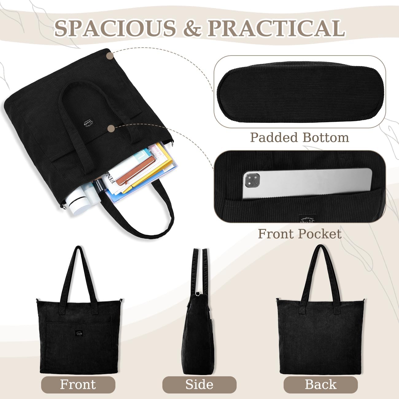 VASCHY Corduroy Tote Bag for Women,Casual Lightweight Large Work Tote with Zipper Hobo Shoulder Crossbody Bag Purse