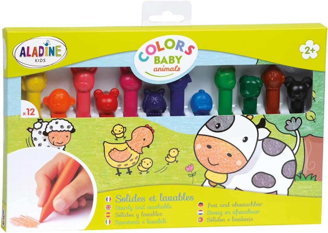Aladine - Colors Baby Animals - Set of 12 Coloring Chalk Colours - Washable - With 3D Mouldings Animal Heads - From 2 years old