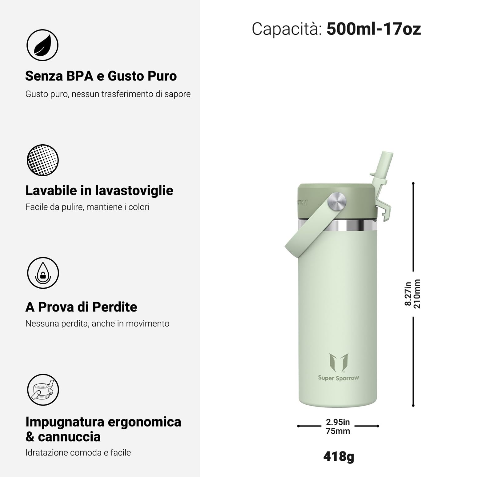 Sparrow Borraccia Termica - 500ml/750ml/1L/1.2L - SwivelSip Bottiglia Acciaio Inox - Senza BPA Borracce Termiche, Borraccia con Cannuccia Ergonomica per Scuola, Sportiva, Campeggio, Palestra