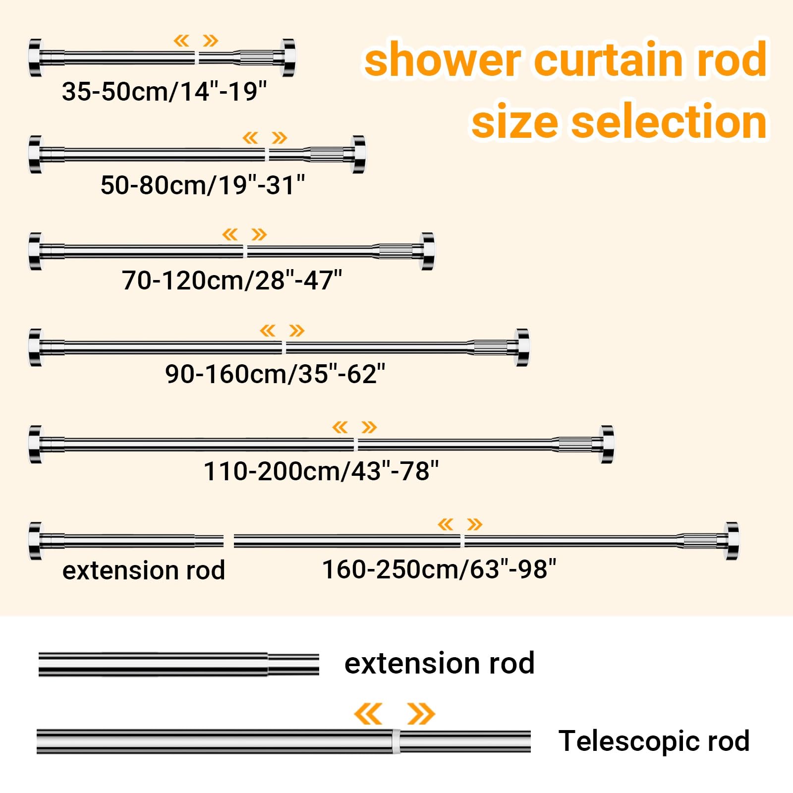 Rideau de douche télescopique antidérapant et extensible en acier inoxydable pour fenêtre de salle de bain et placard (argenté, 110 cm, 200 cm)