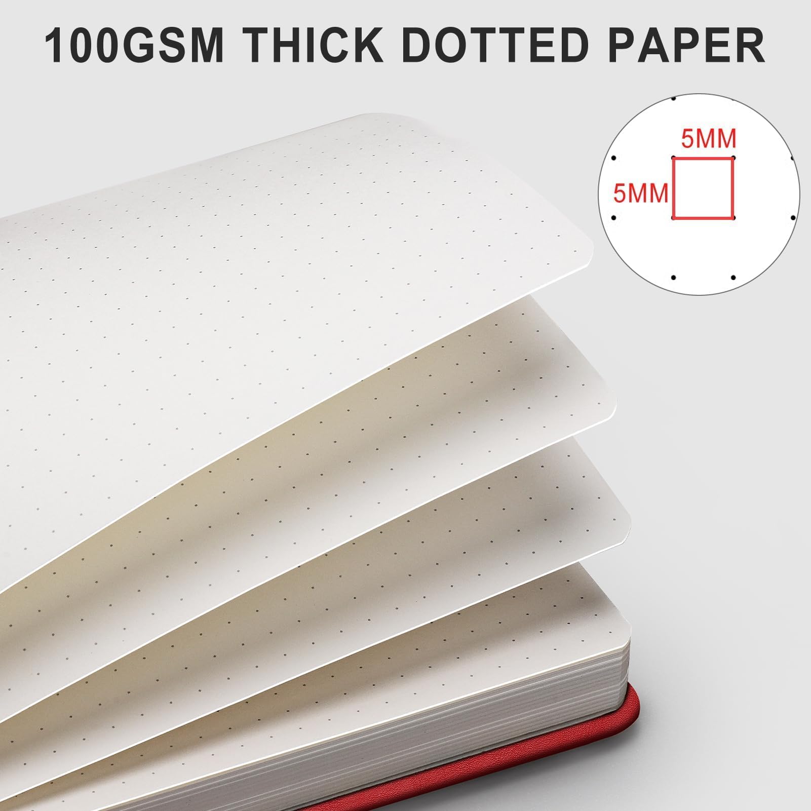 AHGXG Diario de puntos con viñetas, 320 páginas numeradas, cuadrícula de puntos, diario grueso A5, papel punteado grueso de 100 g/m², tapa dura de cuero, bolsillo interior, 14 x 21 cm, color rojo