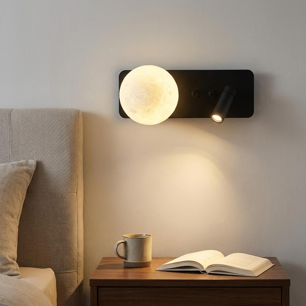 Alpinaluz Applique murale noire avec boule 3D style lune et spot de lecture LED 3 W 2800 K - Double interrupteur, culot G9, design moderne en métal pour chambre et tête de lit