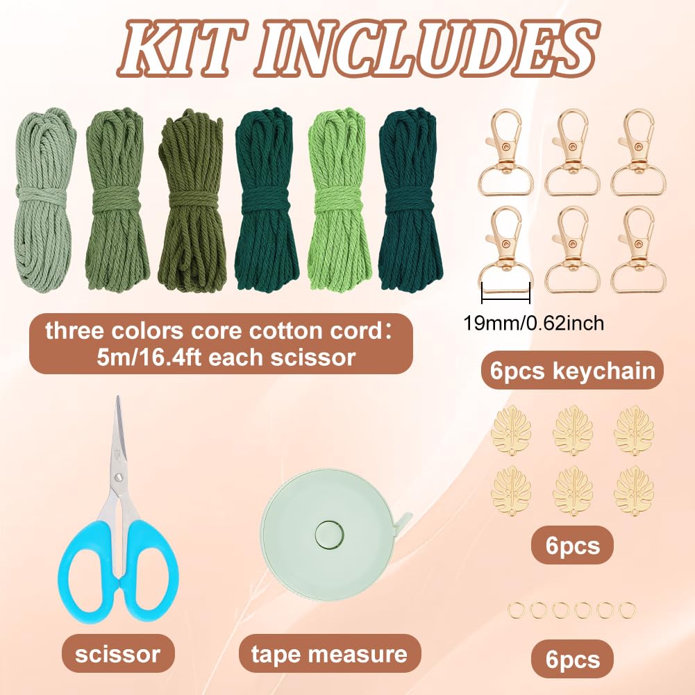 FREEBLOSS 6 Set DIY Macrame Leaf Key Chain Kit Boho Macrame Keychain Kit Macrame Lanyards Kit Crafts Projects DIY Macrame Kit for Macrame Beginners with Instruction