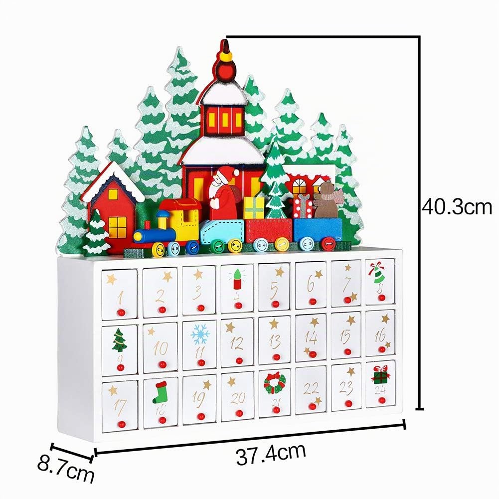 BAKAJI Calendario dell' Avvento di Natale in Legno con 24 Cassetti Numerati per Sorpresa Decorazioni Addobbi Natalizi Casa (Trenino Babbo Natale)