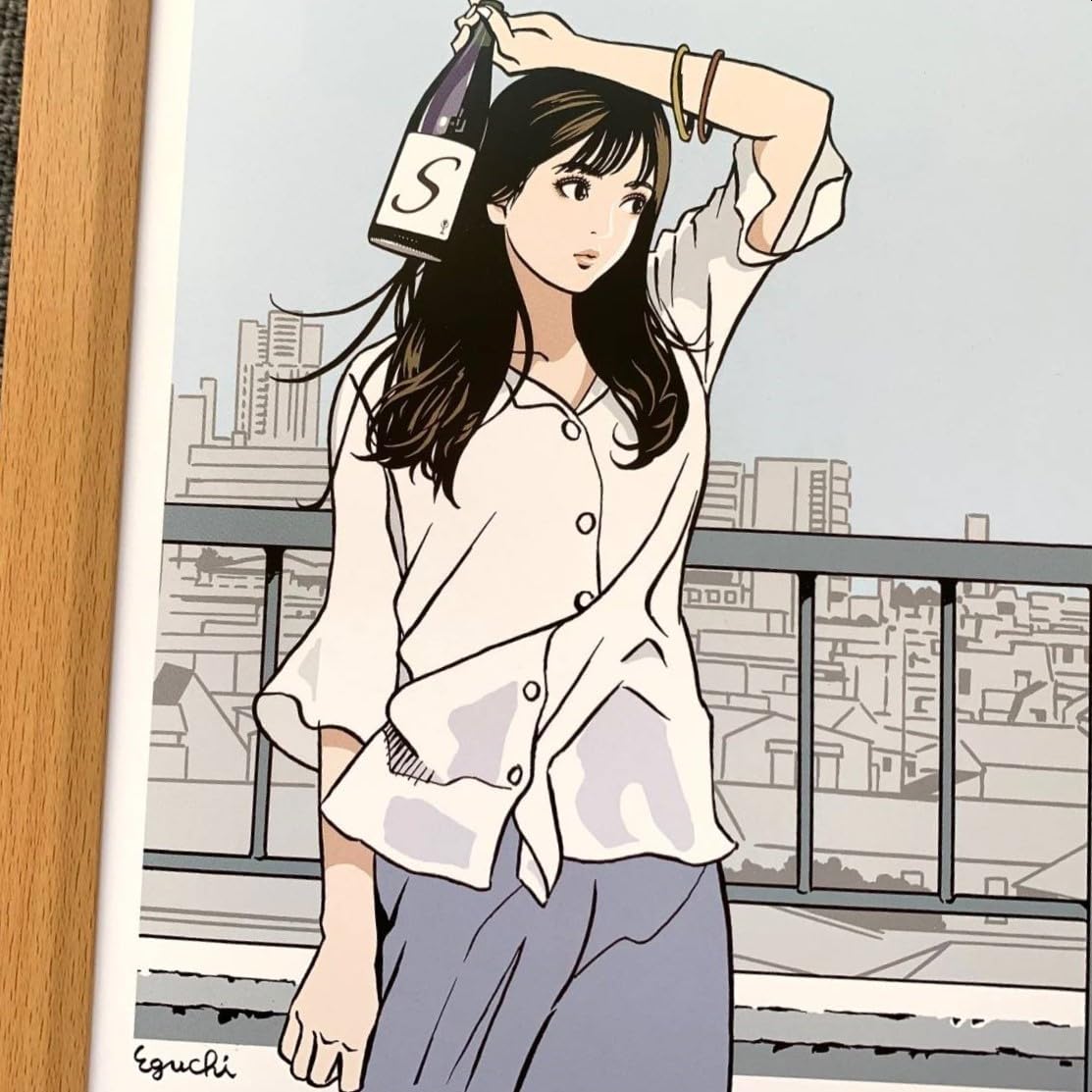Amazon.co.jp: 江口寿史『ワインボトルと美女 屋上』B5サイズ 額