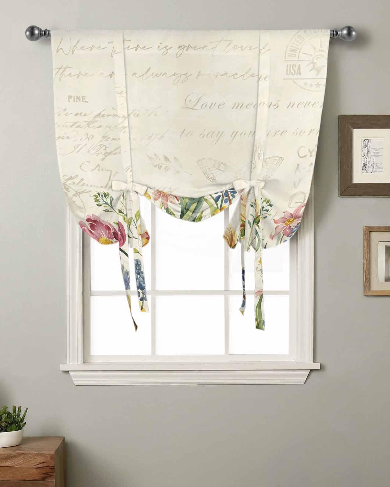 Colorful Flowers Tie Up Curtains for Windows 63 Inch Length Balloon Curtains Kitchen Adjustable Balloon Window Shade Spring Botanical Wild Florals Herbs Tie Up Valance Bathroom Curtain Window 42