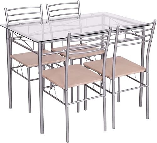 Miniatura 9 de GORELAX Juego de mesa de comedor moderno para 4, juego de mesa de comedor con mesa de cristal, marco de metal y asiento de madera, mesa de cocina de