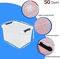 Vista 2 de Hespama 4 paquetes de contenedores de plástico de 50 cuartos de galón, contenedores de almacenamiento grandes transparentes con ruedas